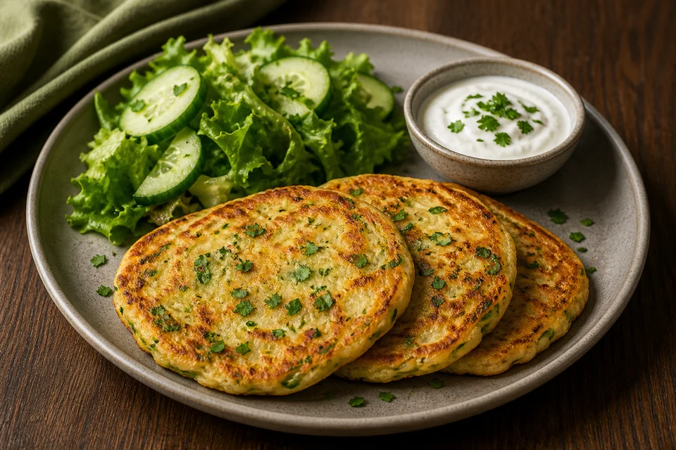 Golden savoury herb pancakes served with a crisp salad and yogurt sauce