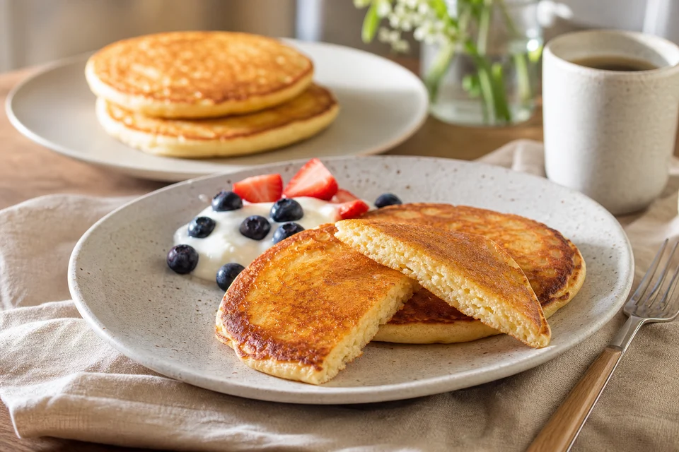 A finished stack of evenly reheated pre-made pancakes served with berries.