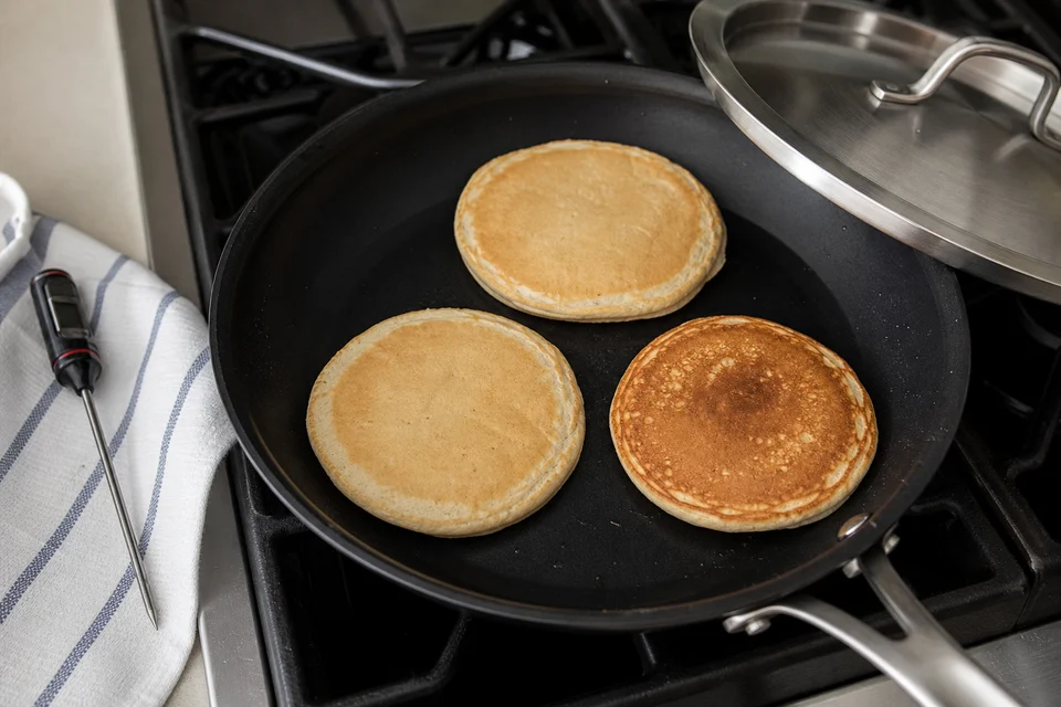 Three fully cooked pre-made pancakes warming in a skillet beside a covered plate.