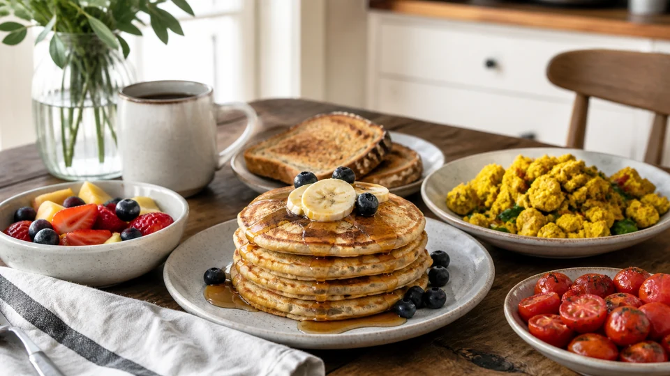Easy vegan brunch food prepared for Pancakes World.