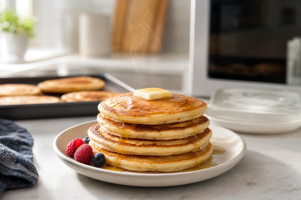 Stack of pancakes with syrup and berries, with more pancakes on a tray and a lidded container behind.