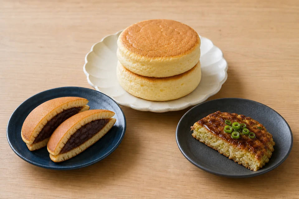 Japanese soufflé pancakes, a cut dorayaki, and savoury okonomiyaki shown as distinct styles