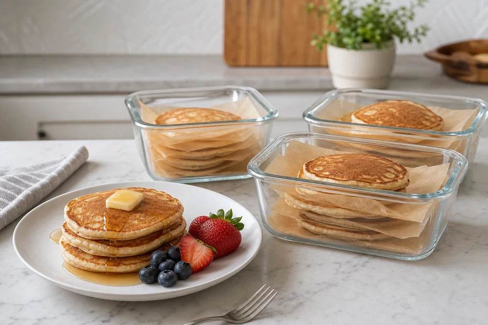 A finished pancake breakfast beside cooked pancakes portioned in glass storage containers with parchment separators.
