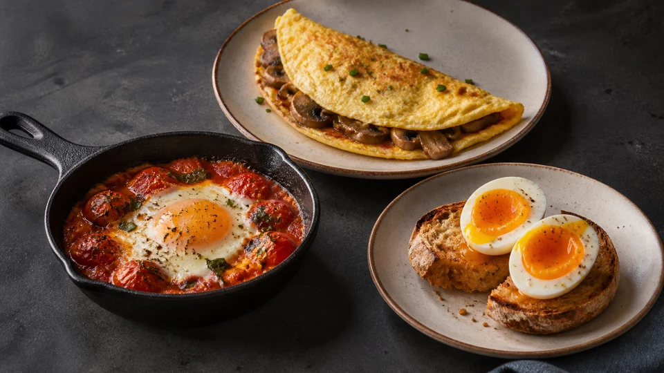 Breakfast table showing boiled eggs, a skillet egg dish, toast and vegetables in distinct serving formats