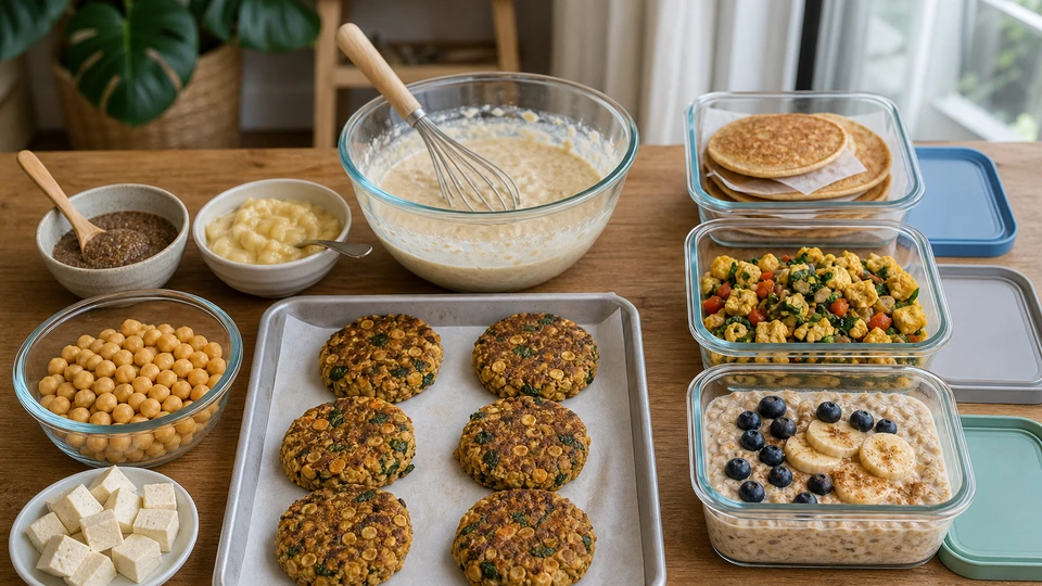 Breakfast planning scene for Egg-Free Breakfast Meal Prep with Binding and Protein Alternatives, showing the egg-free-prep components in practical service order.