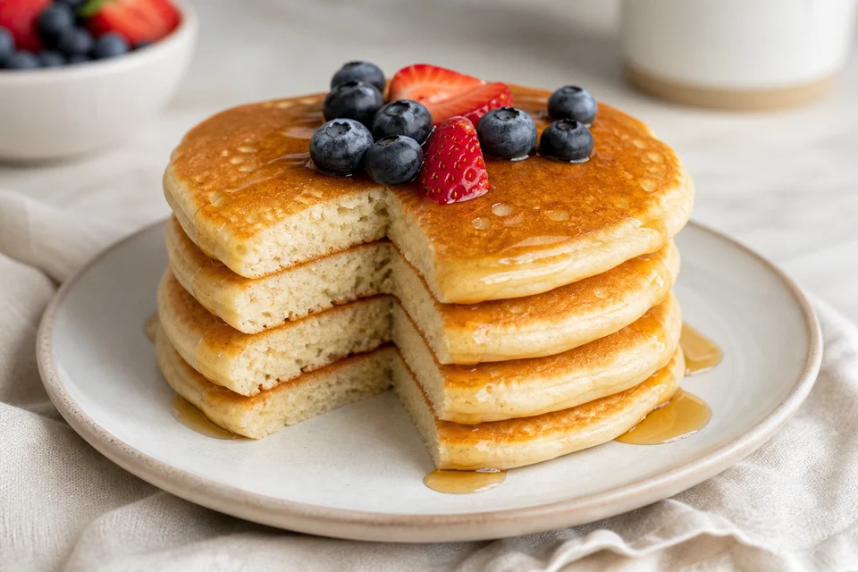 Stack of fluffy eggless pancakes with berries and maple syrup, cut to show the tender crumb.