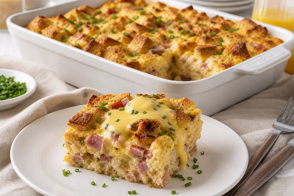 Baked egg and English muffin casserole with ham, hollandaise sauce, chives, and paprika