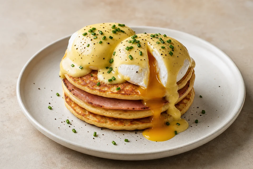 Finished savory pancake stack with ham, poached eggs, glossy hollandaise, chives, and a flowing cut yolk.