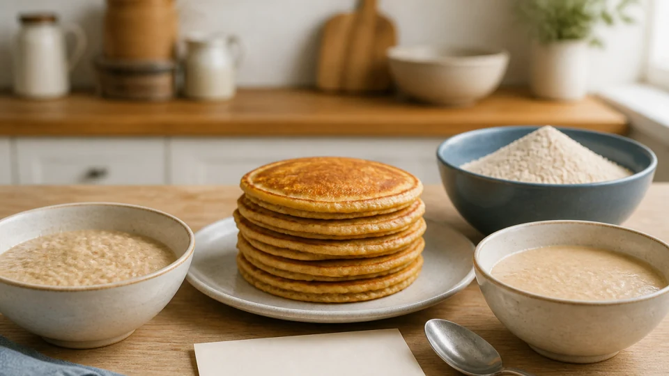 Golden pancakes beside einkorn flour, two batters with different thicknesses, a spoon and a blank observation card.