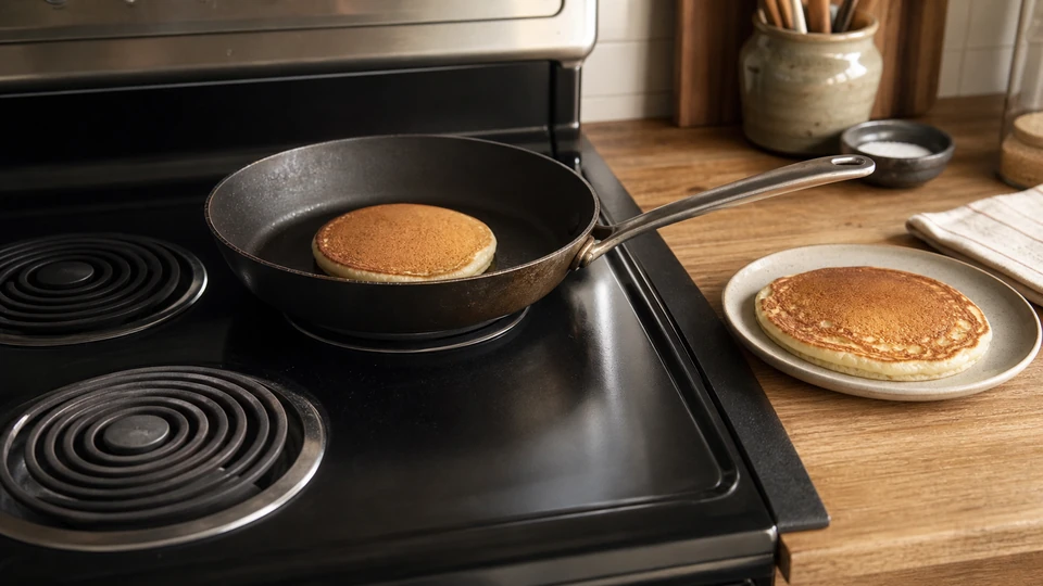 Editorial setup illustrating electric-coil stove pancakes: manage slow heat changes.