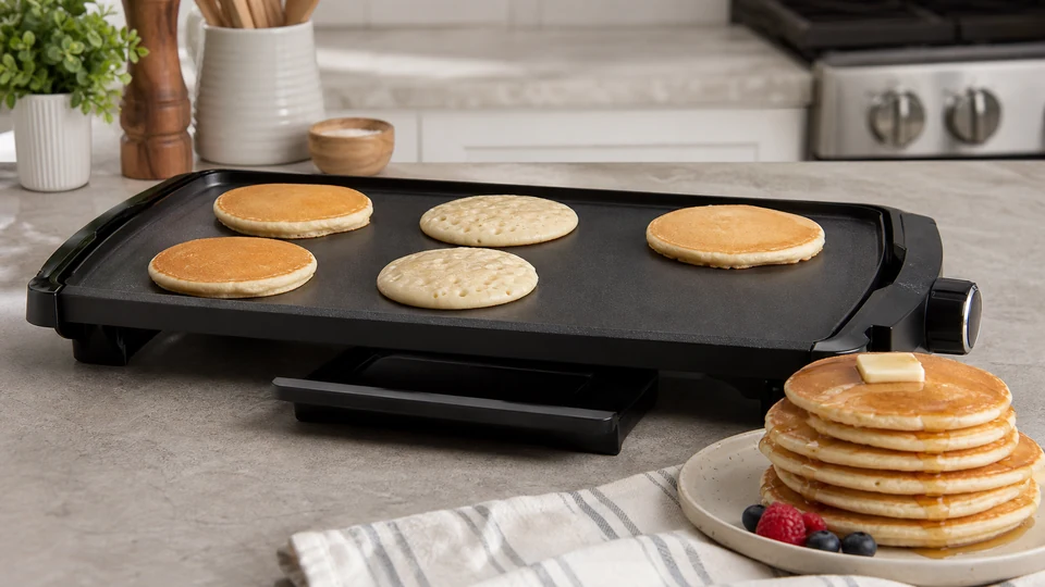Editorial breakfast scene illustrating Electric Griddle Buying Criteria for Pancake Batches