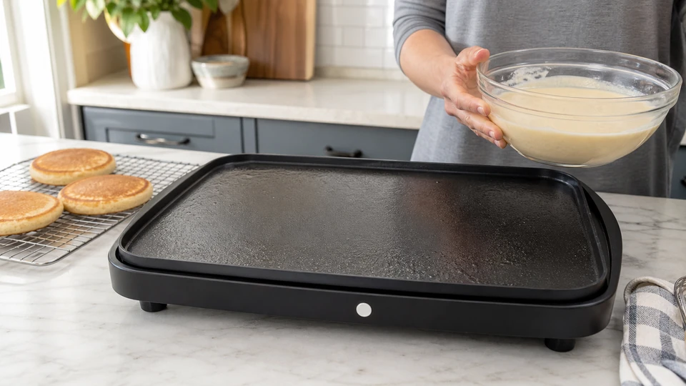 Editorial setup illustrating electric griddle pancakes: temperature recovery between batches.