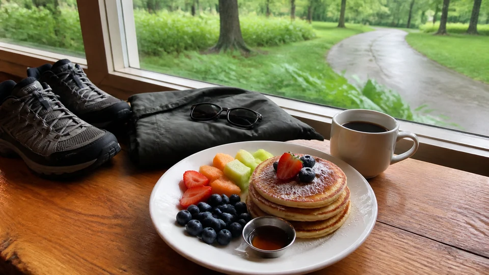 Editorial breakfast scene illustrating English Garden Breakfast-to-Walk Route by Weather