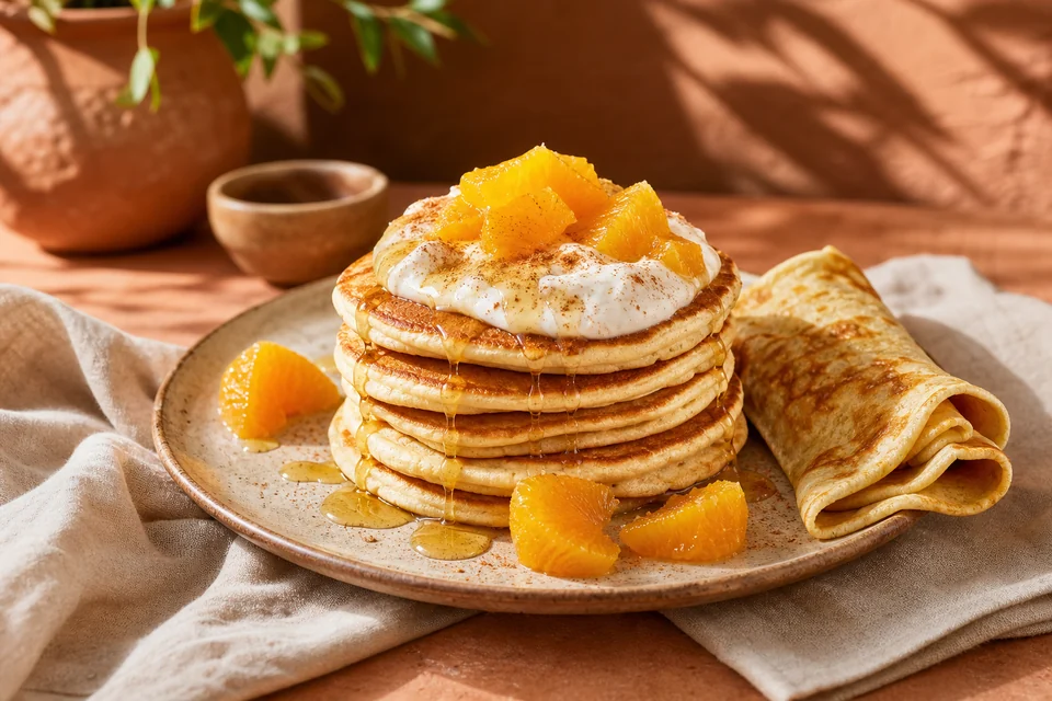 Finished pancake dish illustrating an English orientation guide for Spanish-speaking Pancake World readers