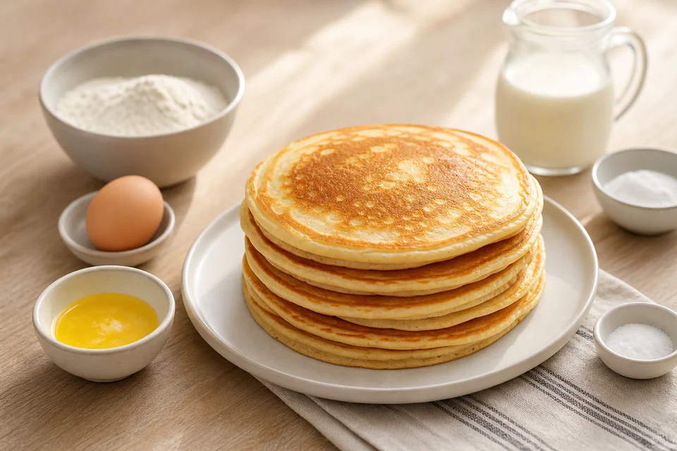 Classic finished pancakes with flour, milk, egg, butter, salt, and baking powder nearby.