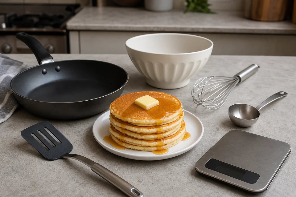 A compact pancake kit with a finished stack, skillet, spatula, whisk, scoop, and scale.