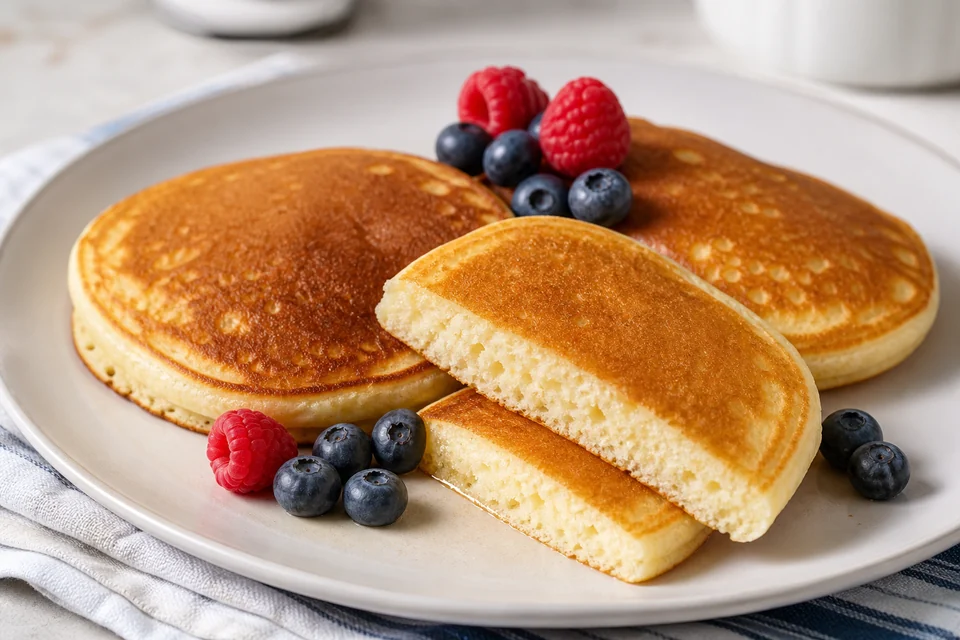 Finished evenly browned pancakes with a fully cooked cut centre and fresh berries