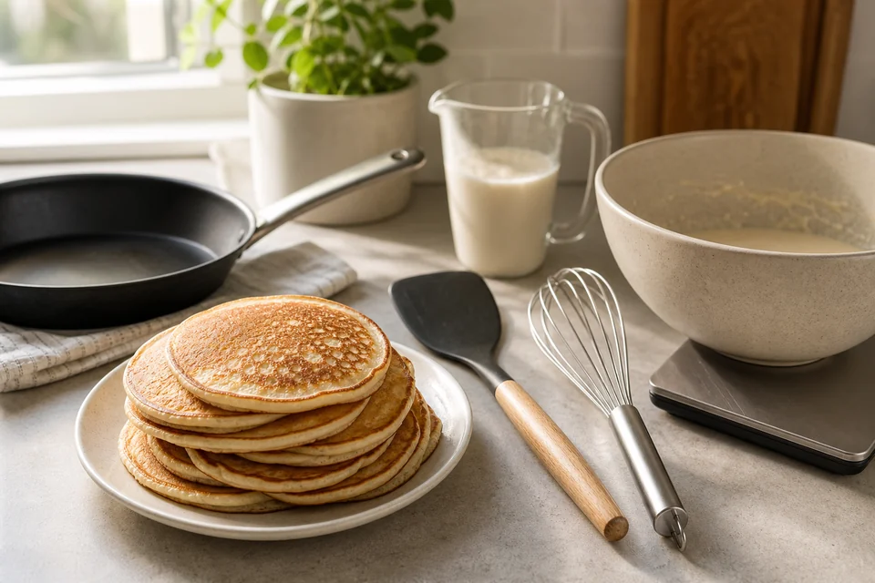 Finished pancakes beside a skillet, flexible spatula, whisk, bowl, and measuring tools.