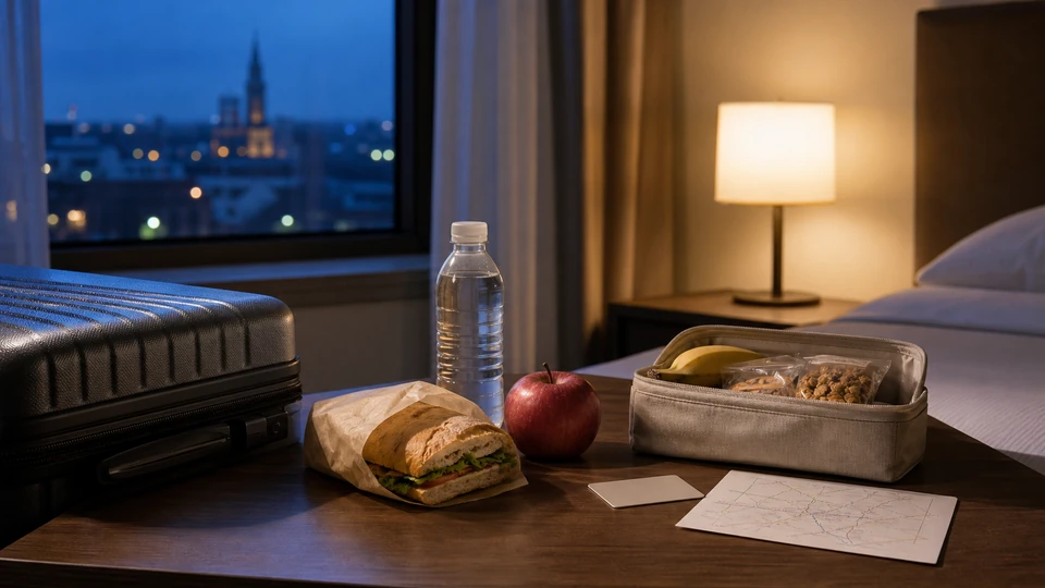 Planning image for Evening Arrival in Munich: First Meal and Next-Morning Setup, showing a route-planning still life for evening arrival in munich: first meal and next-morning setup: unbranded breakfast elements, a clean map-like path and the named public-space/transport context without identifiable private venues.