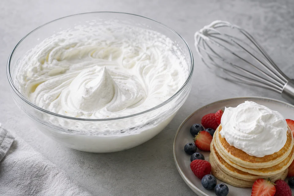 Freshly whipped cream at medium peaks beside pancakes topped with cream and berries.