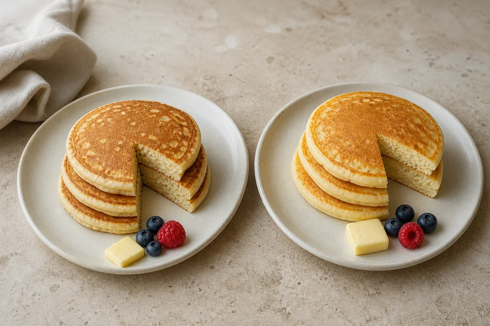 Two finished pancake stacks, one eggless and one made with egg, served side by side.