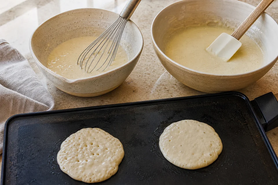 Two bowls of pancake batter being portioned for a controlled eggless and egg-containing comparison.