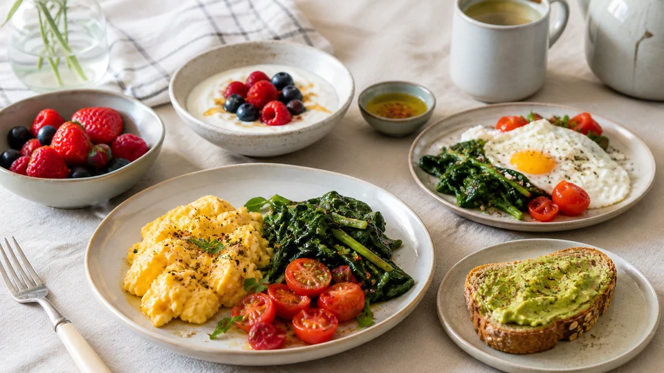 Editorial breakfast scene illustrating Fast 800 breakfast recipes.