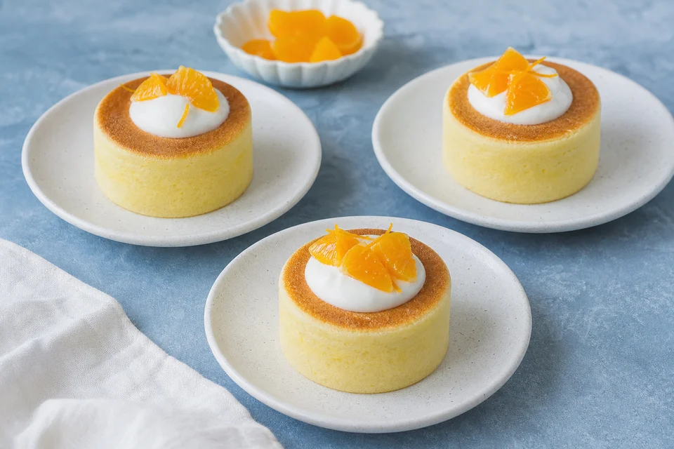 Three moderate-height ring-formed pancakes with yogurt and orange segments.