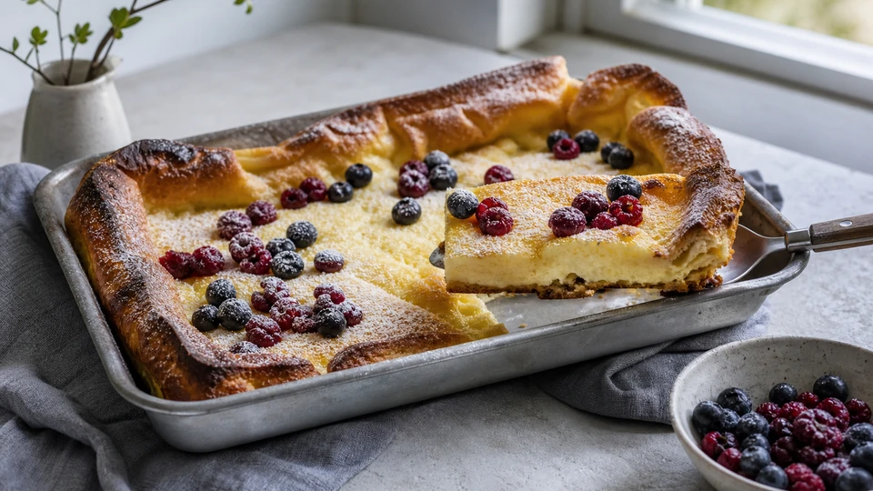 Editorial setup illustrating finnish pannukakku: thick oven pancake with crisp edges.