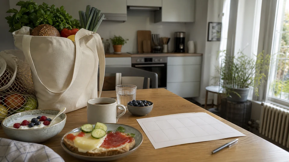 Editorial breakfast scene illustrating First Week in Munich: Breakfast Groceries, Bakeries and Sunday Planning