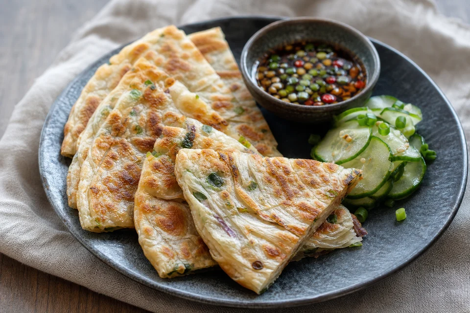 Finished flaky scallion and shallot pancakes cut into wedges, served with soy-vinegar dipping sauce and cucumber.