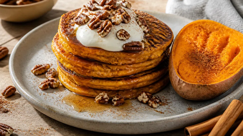 Flourless sweet potato pancakes prepared for Pancake World.