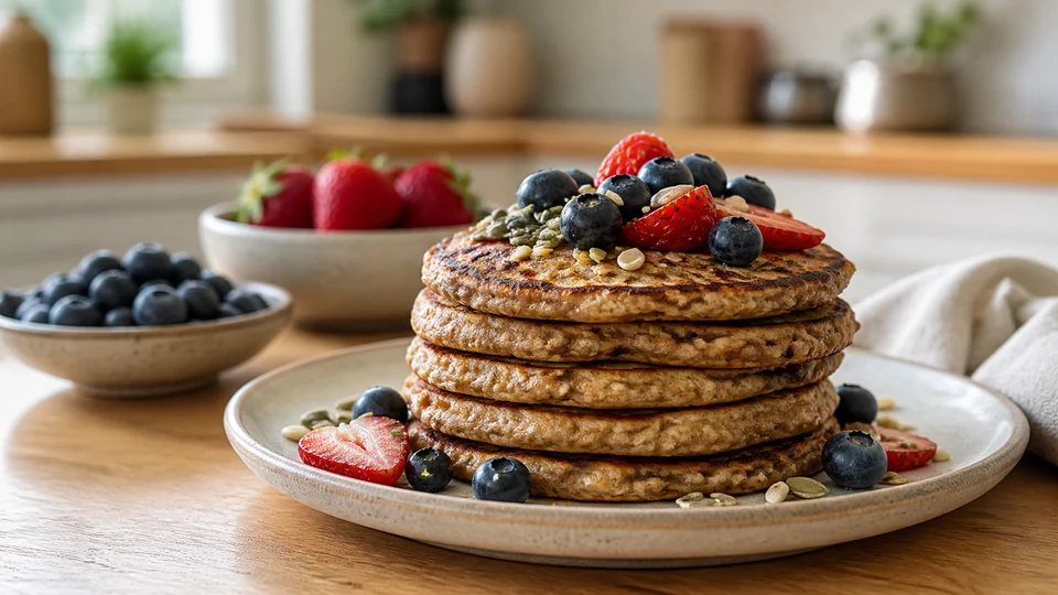 Flourless vegan protein pancakes prepared for Pancakes World.