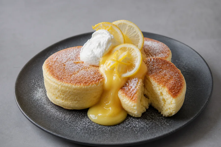 Close detail of fluffy Japanese pancakes with lemon curd, cream, citrus, and a cooked airy crumb.