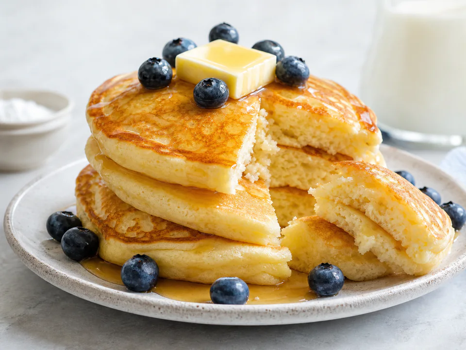 Close detail of the airy fully cooked crumb inside a fluffy pancake