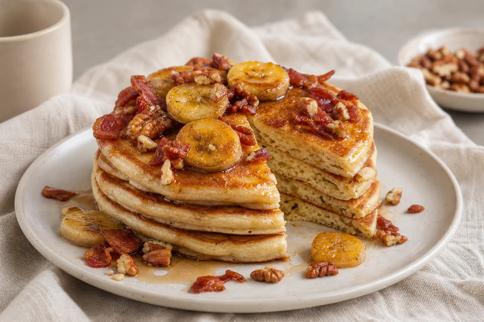 Fluffy pancakes topped with caramelized banana, crisp bacon, toasted pecans, and maple syrup.