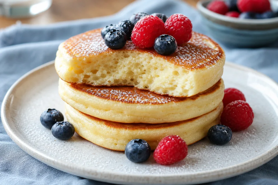 A tall stack of milk-free pancakes with an airy cut crumb, topped with raspberries and blueberries.