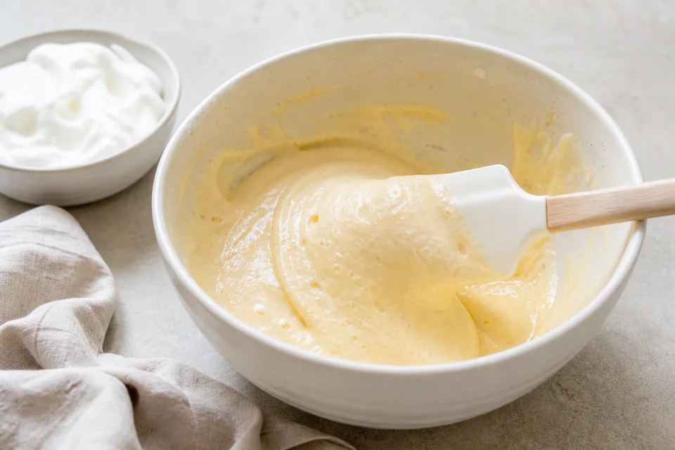 An airy milk-free pancake batter being folded with a spatula, with beaten egg whites ready in a separate bowl.