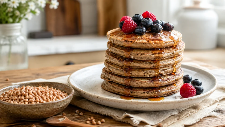 Fluffy vegan buckwheat pancakes prepared for Pancakes World.