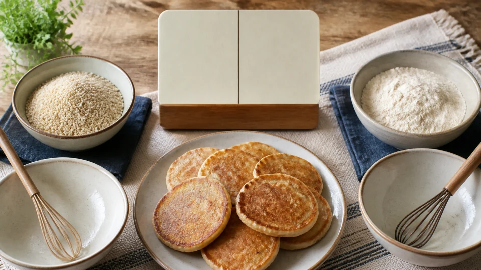 Fonio grain and pale flour in separate bowls beside small golden pancakes, mixing bowls, whisks and a blank divided board.