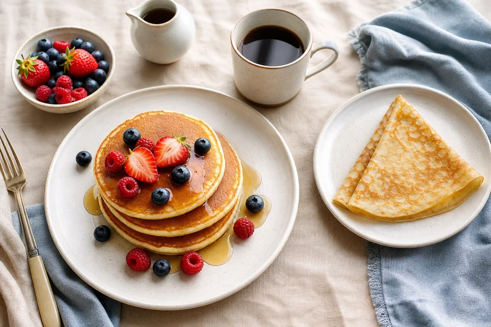 Finished pancake dish illustrating an English orientation guide for French-speaking Pancake World readers