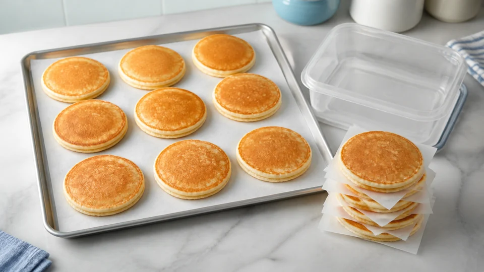 Cooked pancakes in a single layer with parchment separators and a freezer container.