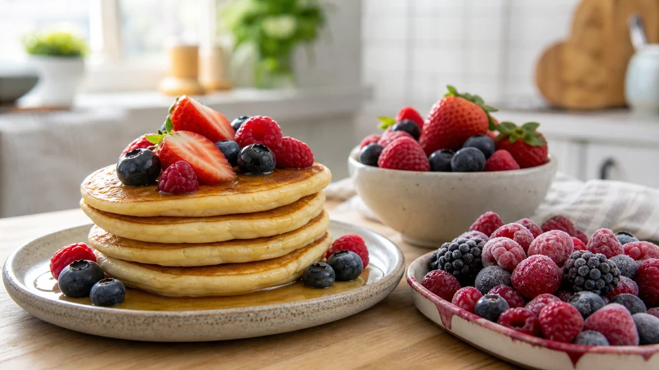 Pancakes served with fresh berries beside frozen berries prepared for a cooked fruit topping.