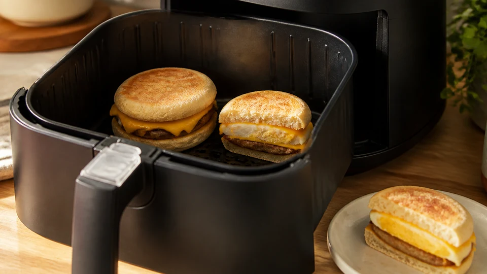 Frozen breakfast sandwich air fryer prepared for Pancakes World.