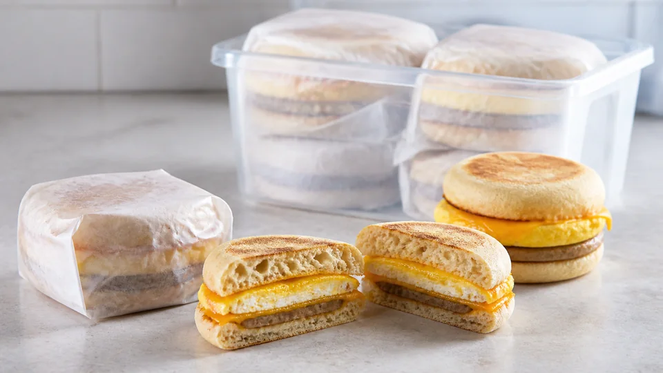 Frozen breakfast sandwiches prepared for Pancakes World.
