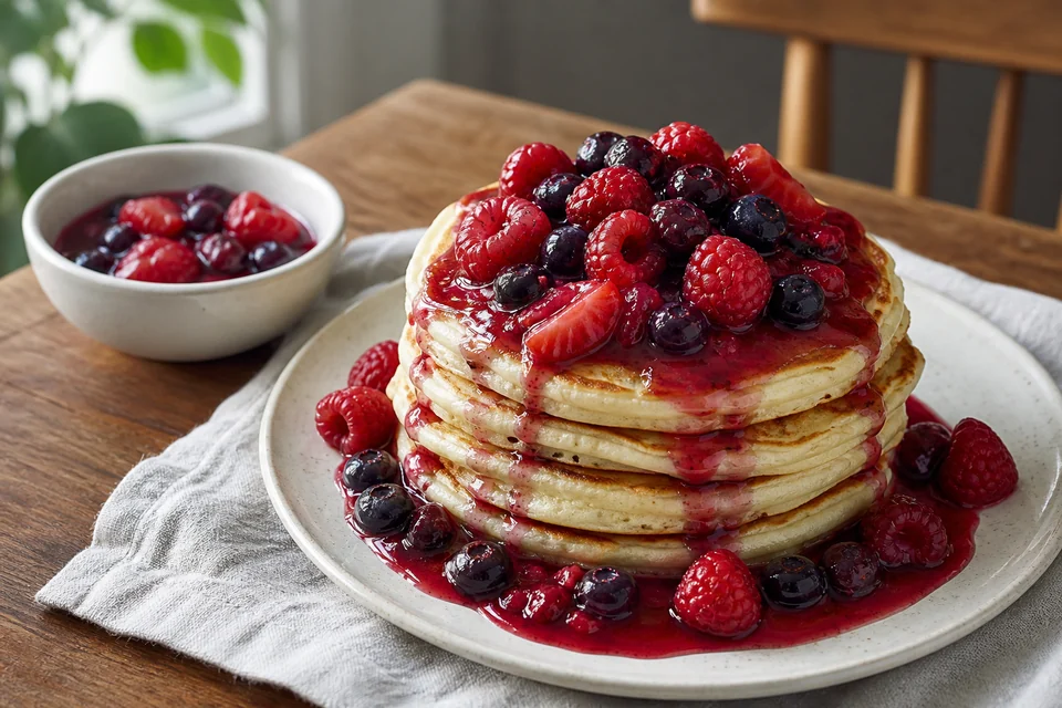 Finished pancakes topped with thick mixed berry compote.