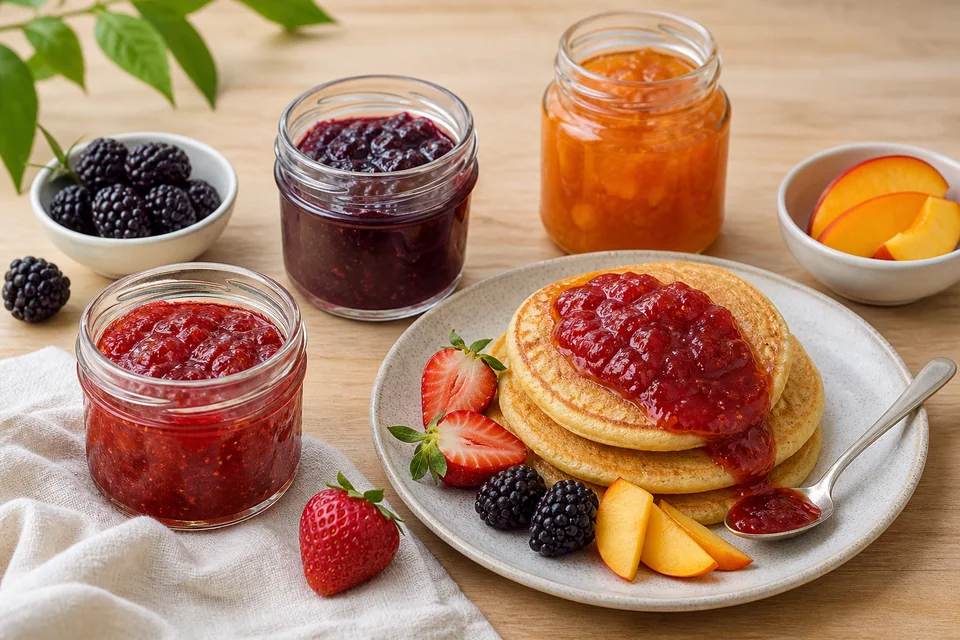Finished berry and stone-fruit jams beside a stack of pancakes.