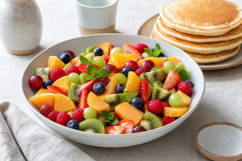 A finished bowl of fruit salad with berries, citrus, kiwi, melon, grapes, and mint beside pancakes.