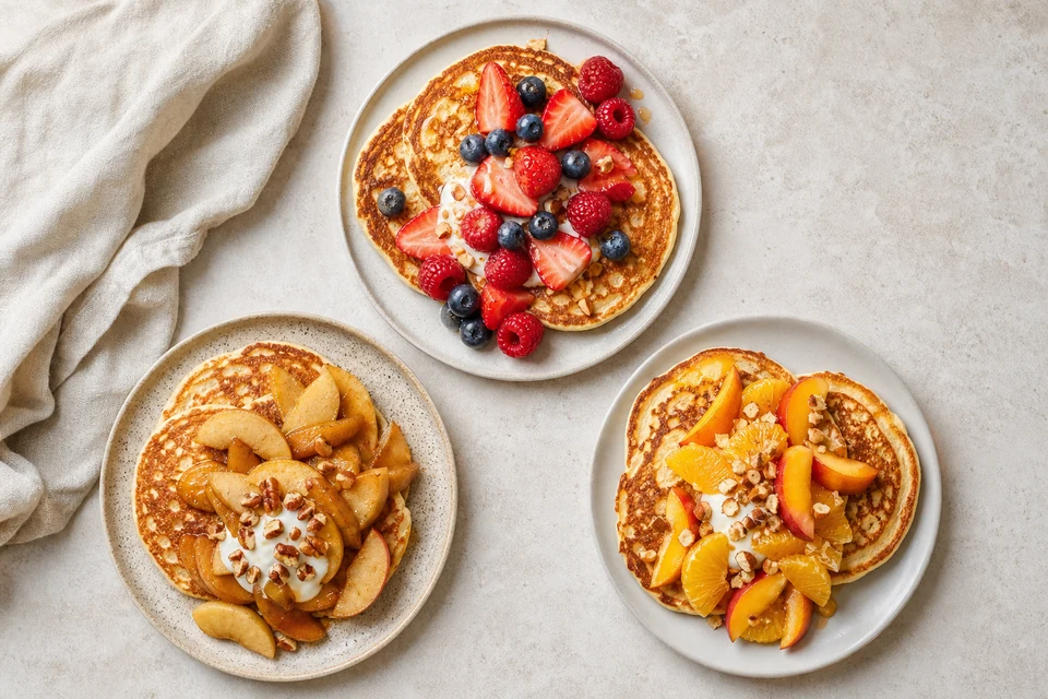 Three finished pancake plates topped with mixed berries, warm apple and pear, and bright citrus and stone fruit