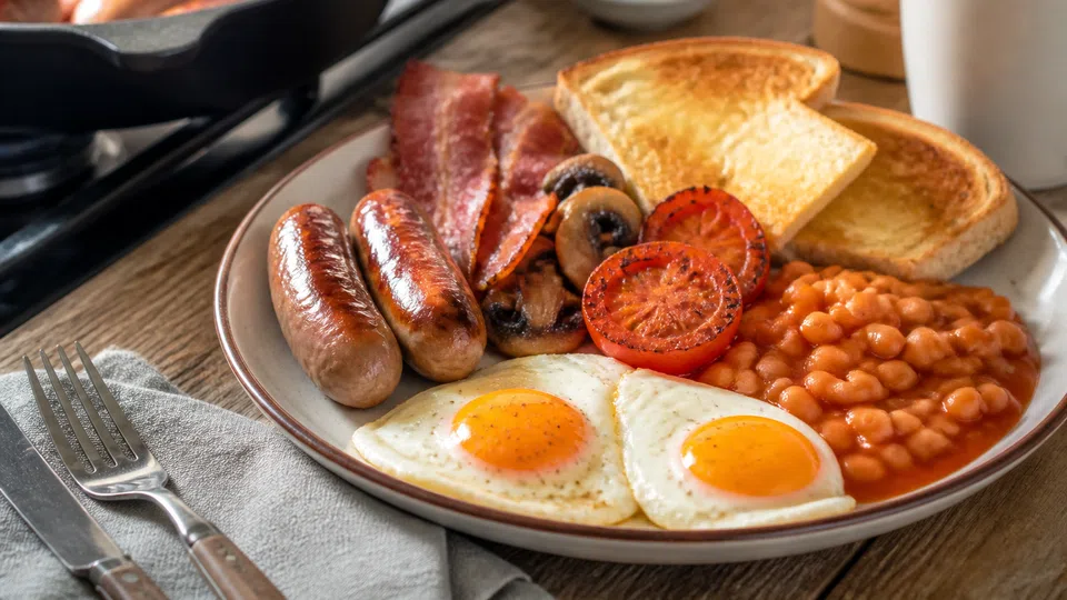 Fry up breakfast prepared for Pancake World.
